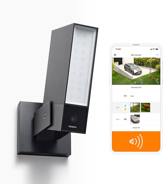 Netatmo Caméra de Surveillance Extérieure Intelligente avec Sirène 105dB, WiFi, Eclairage Intégré 12W, Détection des Mouvements, Vision Nocturne, Vidéo HD, Stockage Local, Aucun Abonnement, NOC-S-AMZ - DemoStore®